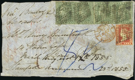 Stamp of India 1855 Front from Bombay to the UK franked by four e