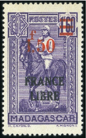 Stamp of Colonies françaises » Madagascar (Poste française) 1944 Variété "1F50" rouge sur 1F60 violet surch. F