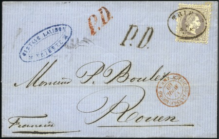 Stamp of Austria 1869 Cover to Rouen franked by 1867 25k violet tie