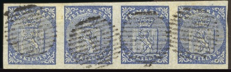 Stamp of Norway 1855 4s blue in strip of four, used, very fine, ra