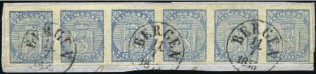 Stamp of Norway 1855 4s blue in rare strip of five tied by Bergen