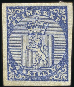 Stamp of Norway 1855 4s blue showing variety "blue spot above M",