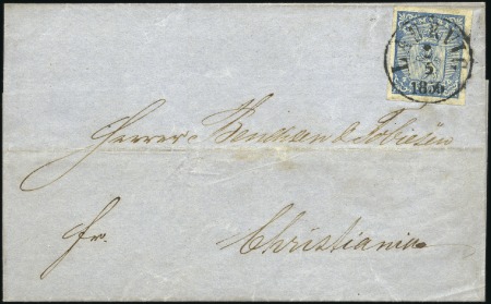 Stamp of Norway 1855 4s blue tied by Laurvig 3.5.56 cds to cover t