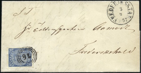 Stamp of Norway 1855 4s blue tied by "76" numeral in three-ring ca