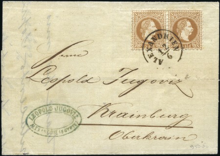 Stamp of Egypt » Austrian Post Offices 1867 15s brown in pair tied by clear Alexandrien d