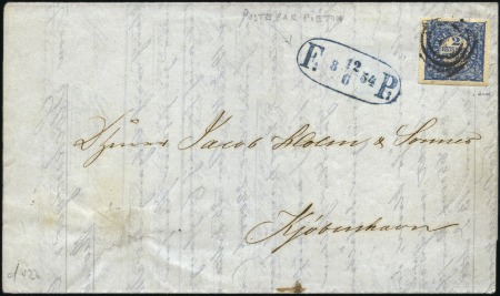 Stamp of Denmark 1851 2 rbs blue, large margins, used on printed pr