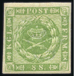 Stamp of Denmark 1858-62 8s green, mint, very fine, signed Miro