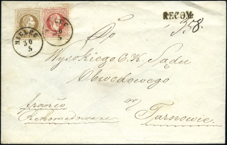 Stamp of Austria 1867 5k red + 15k brown tied by Mielec cds to reg'
