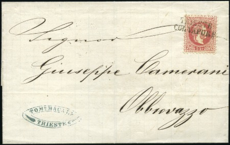 Stamp of Austria 1867 5k red tied by "TRIESTE COL VAPORE" hs to cov