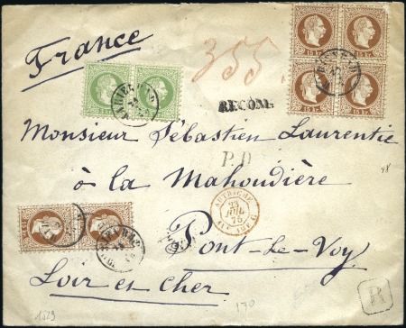 Stamp of Austria 1867 15k brown (block of four & pair) + 3k green i
