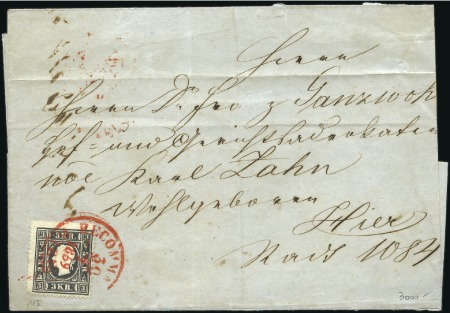 Stamp of Austria 1859 3k black tied by red "Recommandirt Wien" ds t