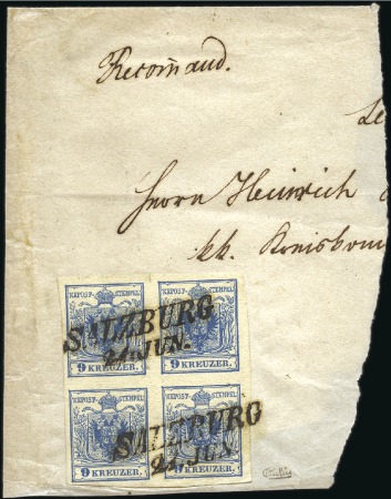 Stamp of Austria 1850 9k blue in block of four tied to large piece
