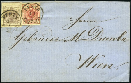 Stamp of Austria 1850 3k red + 6k brown tied by decorative Pesth ds
