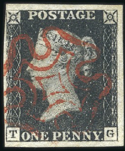 Stamp of Great Britain » 1840 1d Black and 1d Red plates 1a to 11 Plate 1b TG with fine to large margins, neat red M