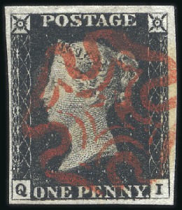 Stamp of Great Britain » 1840 1d Black and 1d Red plates 1a to 11 Plate 1b QI with fine to large margins, neat red M