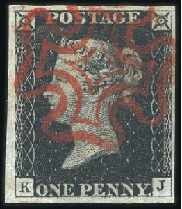 Stamp of Great Britain » 1840 1d Black and 1d Red plates 1a to 11 Plate 1b KJ with good to large margins, crisp red