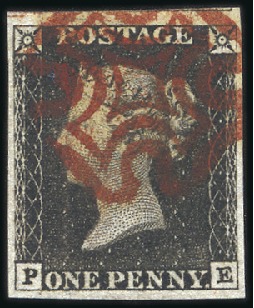 Stamp of Great Britain » 1840 1d Black and 1d Red plates 1a to 11 Plate 1b PE with good to large margins, neat red M