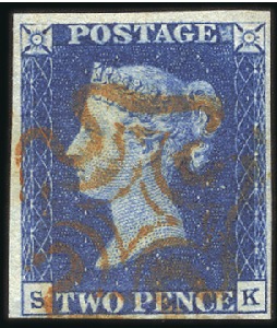 Stamp of Great Britain » 1840 2d Blue (ordered by plate number) Plate 1 SK with clear to very good margins, neat r