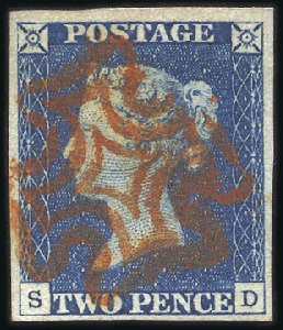 Stamp of Great Britain » 1840 2d Blue (ordered by plate number) Plate 1 SD with good to large margins, neat red MC