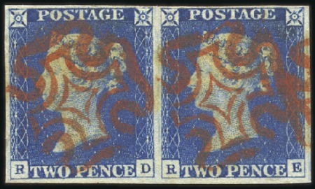 Stamp of Great Britain » 1840 2d Blue (ordered by plate number) Plate 1 RD-RE pair with fine to very good margins,