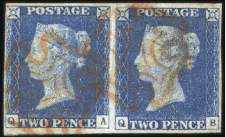 Stamp of Great Britain » 1840 2d Blue (ordered by plate number) Plate 1 QA-QB pair with fine to very large margins