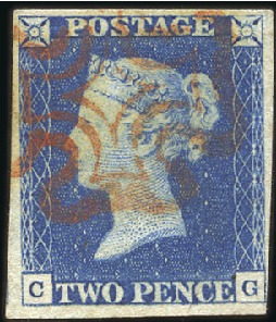 Stamp of Great Britain » 1840 2d Blue (ordered by plate number) Plate 1 CG with close to large margins, neat red M
