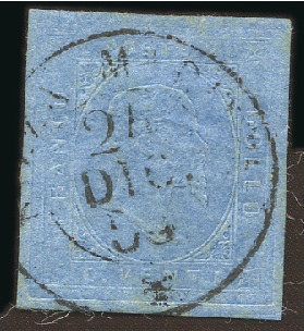 Stamp of Italian States » Sardinia 1853 20c blue, good margins, used with central "NI