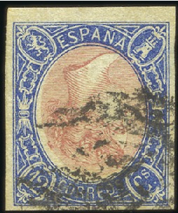 Stamp of Spain 1865 12c blue & rose, used with good to very large