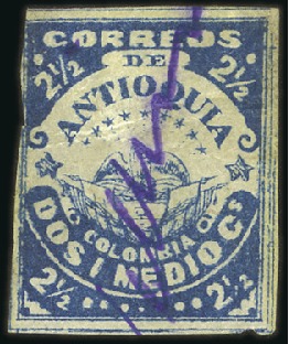 Stamp of Colombia » States - Antioquia 1878 2 1/2c blue on pelure paper, used with clear