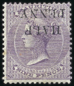 Stamp of Mauritius 1876 1/2d on 9d with inverted surcharge, mint part