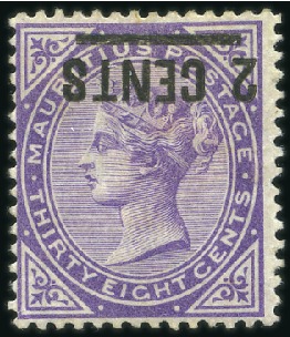 Stamp of Mauritius 1886 2c on 38c with inverted surcharge, mint og, s