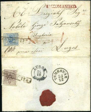 Stamp of Italian States » Lombardy Venetia 1850 45c Blue +30c on 1855 registered cover to Tem