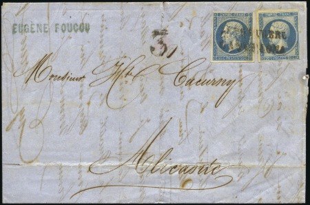 Stamp of France 1853-60 Empire ND 20c bleu, les deux types oblitér