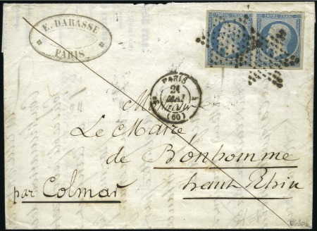 Stamp of France 1853-60 Empire ND 25c bleu en paire bien margée ob