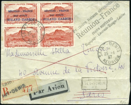 Stamp of Colonies françaises » Réunion 1937 50c "ROLAND GARROS" en bloc de quatre avec de