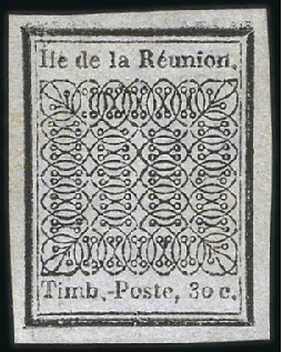 Stamp of Colonies françaises » Réunion 1852 30c noir sur azuré, belles marges, neuf, TB,