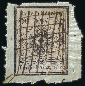 Stamp of Colonies françaises » Réunion 1852 15c noir sur azuré obl. plume sur petit fragm