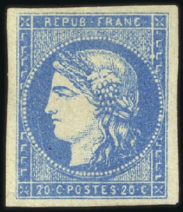 Stamp of France 1870 Bordeaux 20c bleu Type I Report 2, neuf, TB, 