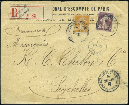 Stamp of France 1913 Env. recommandé de Marseille pour les SEYCHEL