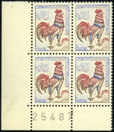 Stamp of France 1962-65 25c Coq fluo en bloc de 4 cdf, neuf, TB, c