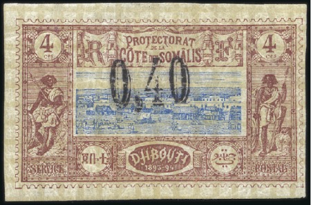 Stamp of Colonies françaises » Djibouti 1899 0.40 sur 4c, neuf, TB, très rare, signé Calve