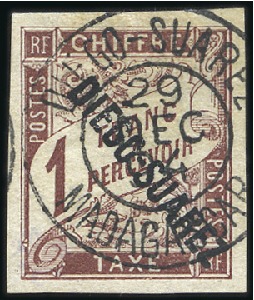 Stamp of Colonies françaises » Diégo-Suarez 1892 Taxe 1F marron obl., TB, rare, signé A.Brun