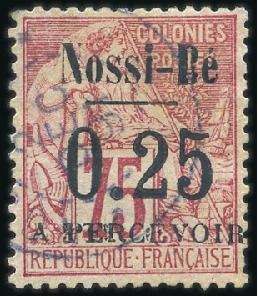Stamp of Colonies françaises » Nossi-Bé 1891 Taxe 0.25 sur 75c rose, obl., TB, signé