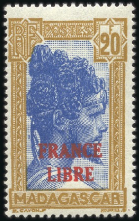 Stamp of Colonies françaises » Madagascar (Poste française) 1942 20F bistre et bleu surch. FRANCE LIBRE, neuf 