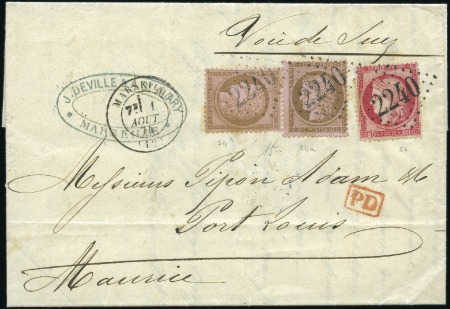 Stamp of France 1874 Lettre pour l'île MAURICE avec n°54 x2 +57 ob