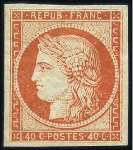 Stamp of France 1849 40c orange, neuf, couleur magnifique, TB, sig