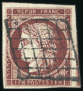 Stamp of France 1849 1F carmin très foncé avec nuance superbe, TB,