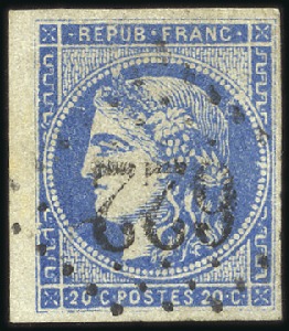 Stamp of France 1870 Bordeaux 20c Bleu Outremer, obl, TB, signé A.