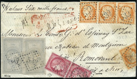 Stamp of France 1874 Lettre chargée avec n°33 x2 +38 x4 +57 x2 de 