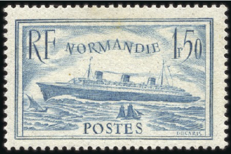 Stamp of France 1935 1F50 Normandie bleu-vert, neuf avec trace de 